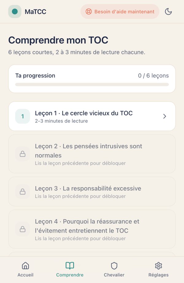 Écran Comprendre mon TOC : 6 leçons courtes